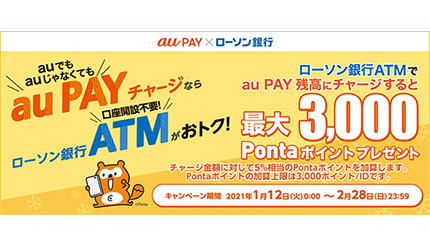 ローソン銀行ATM限定、最大3000円相当もらえるau PAY現金チャージキャンペーン